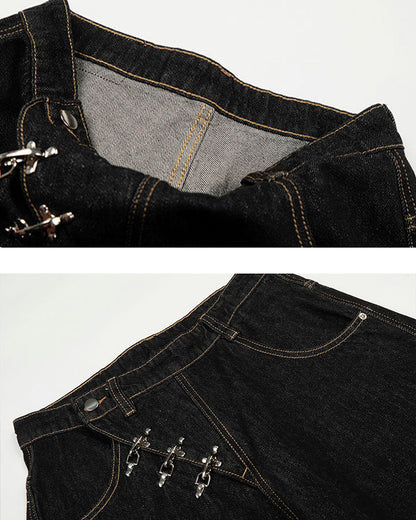 Minimal Buckle Wide-Leg Denim Pants