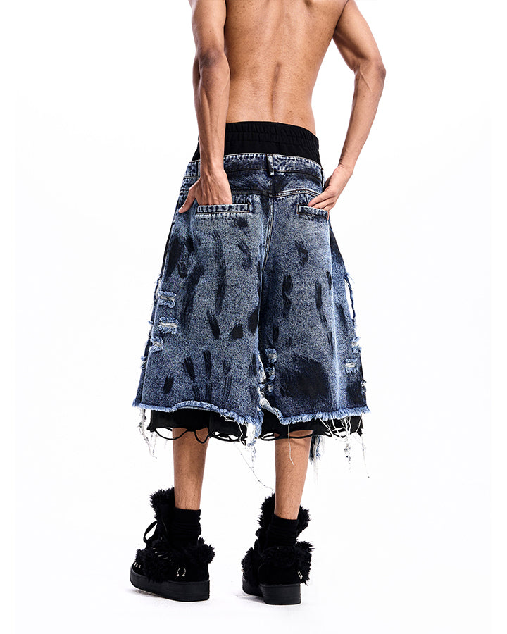 New Dirty-Washed Distressed Men’s Denim Mid Shorts
