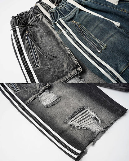 Grunge Drawstring Pocket Distressed Wide Denim Shorts