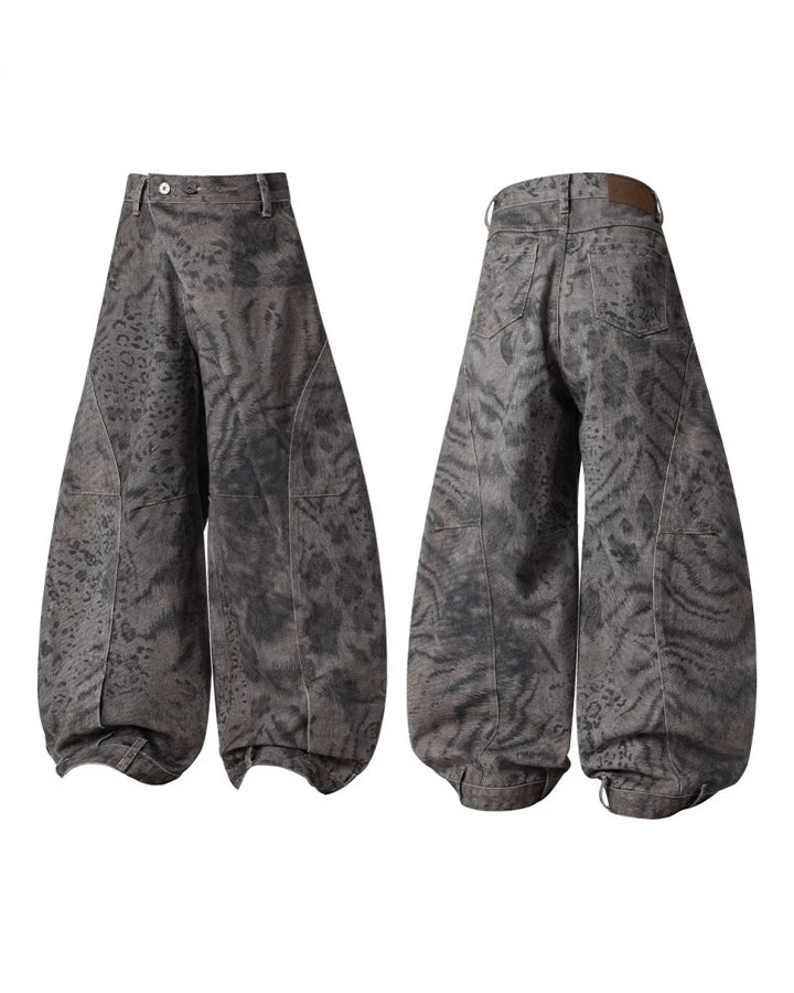Leopard Double Animal-Texture Washed Wide-Leg Jeans