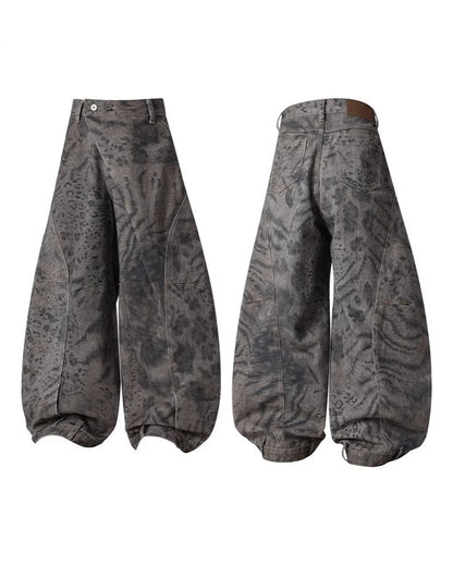 Leopard Double Animal-Texture Washed Wide-Leg Jeans