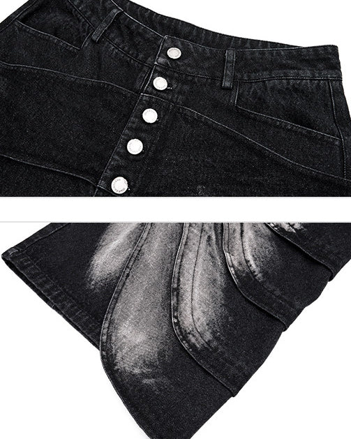 New Deconstructed Washed Layered Wave Denim Shorts