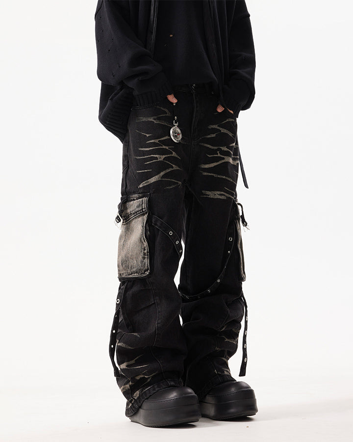 KIIKIO Gothic Strappy Cargo Wide Denim Pants
