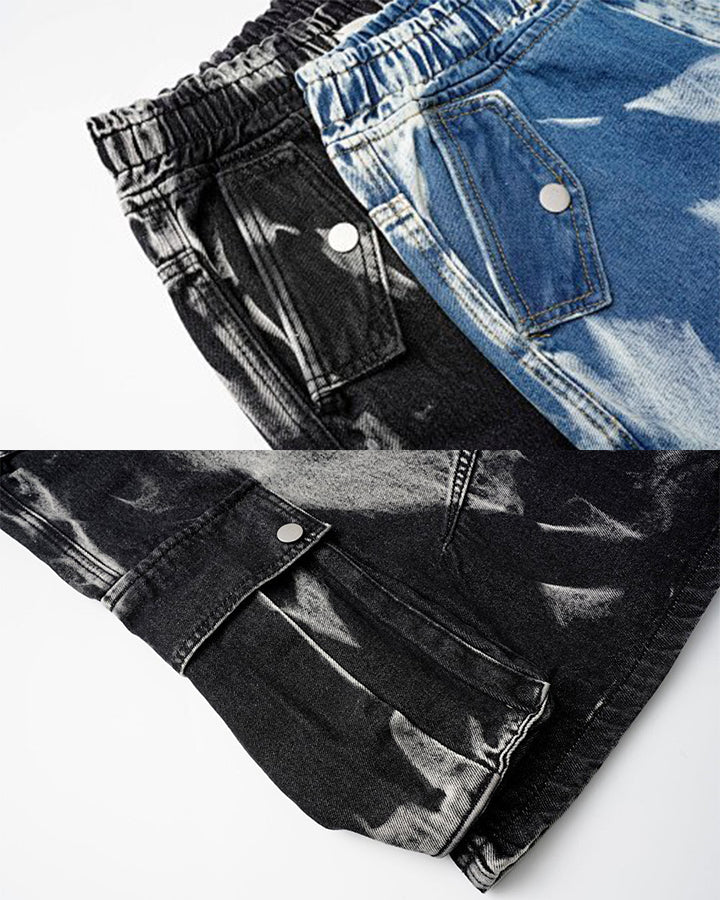 KIIKIO Utility Dark-Wash Drawstring Cargo Wide Denim Shorts