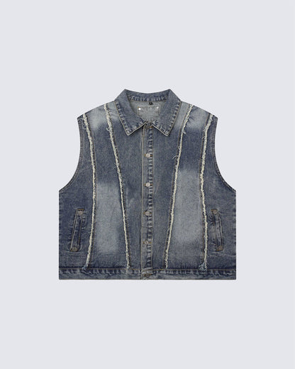 Dark Washed Button Pocket Sleeveless New Denim Vest