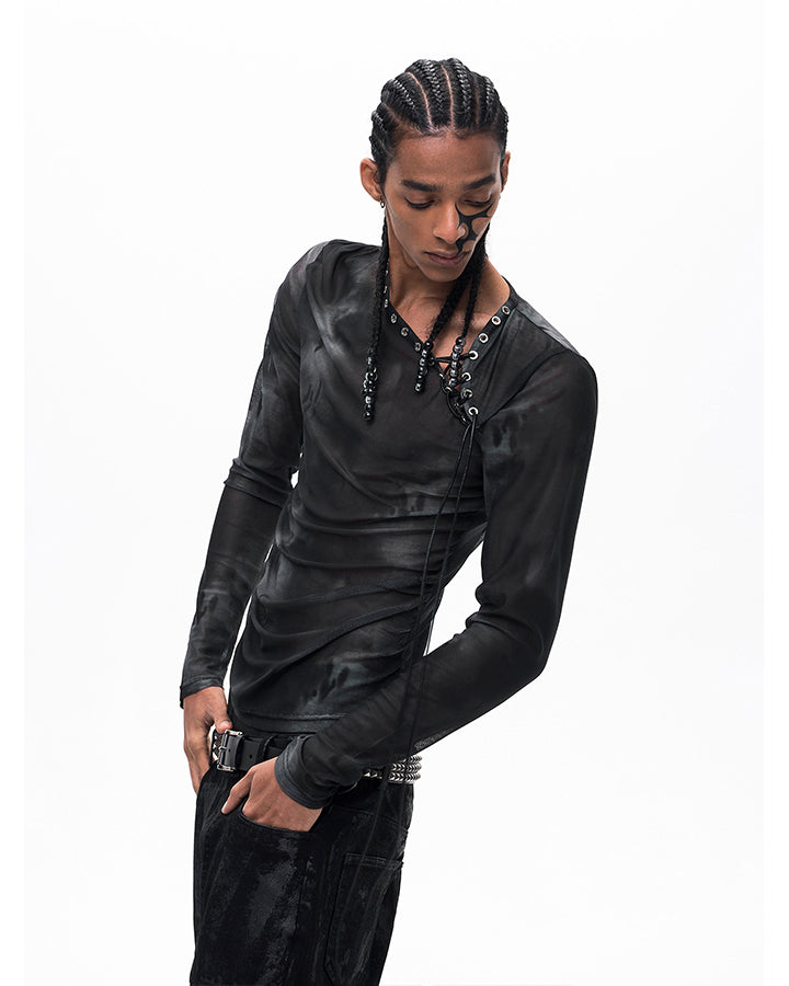 Subculture Gothic Lace-Up Sheer Mesh Long Sleeve Top New