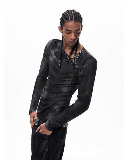 Subculture Gothic Lace-Up Sheer Mesh Long Sleeve Top New