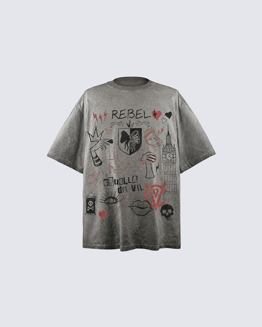 Y2K Rebel Doodle Graphic Washed Cotton T-Shirt New