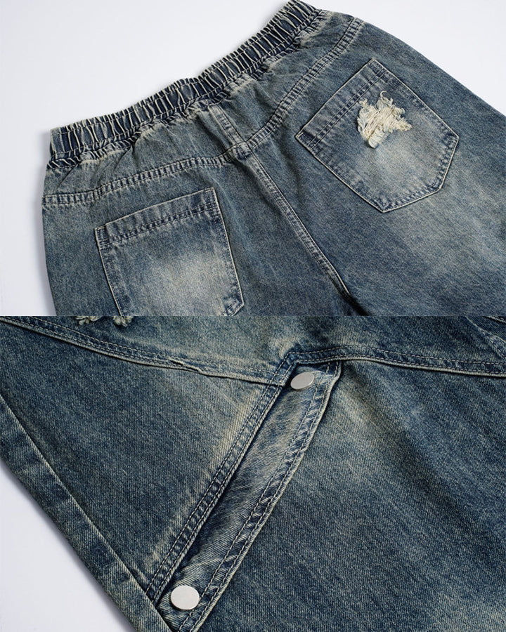 Grunge Drawstring Panel Distressed Wide Denim Shorts