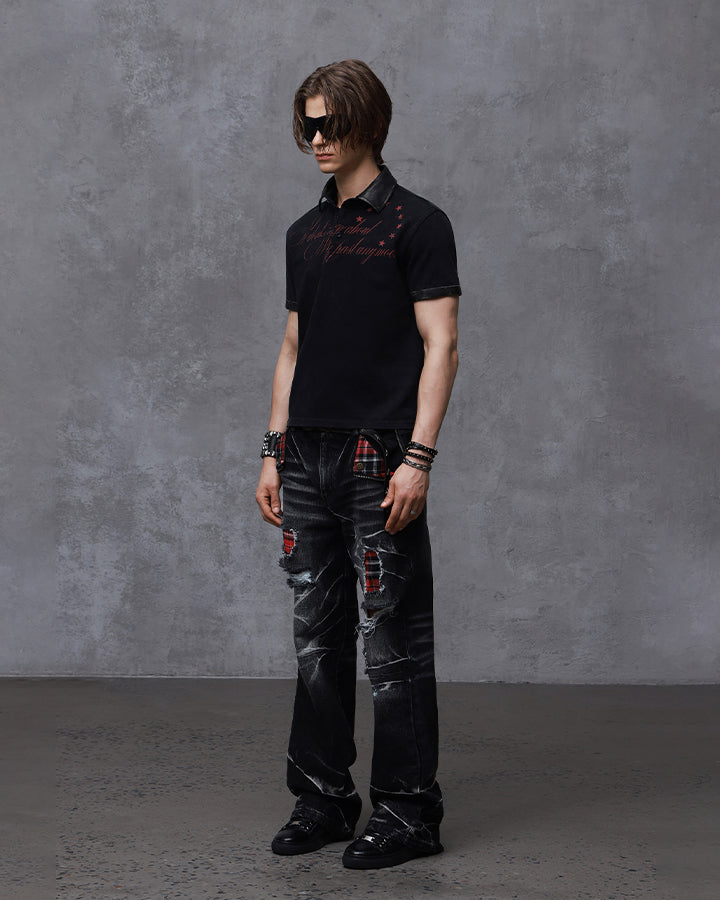 KIIKIO Vintage Plaid Patch Distressed Flared Jeans