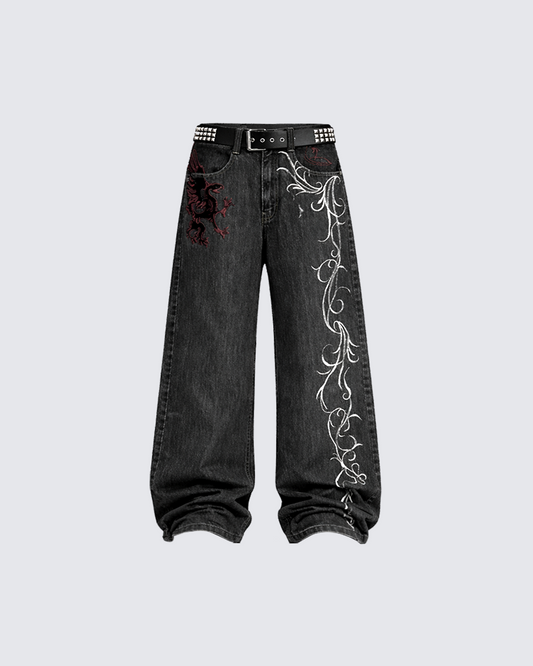 Dragon Embroidery Gothic Loose Denim Pants