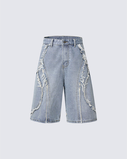 KIIKIO Vintage Raw-Edge Straight Denim Shorts