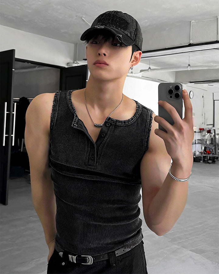 KIIKIO Vintage Washed Henley Neck Slim Fit Ribbed Tank Top