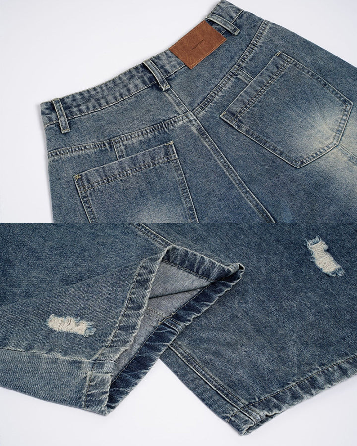 New Vintage Washed Panel Wide Denim Pants