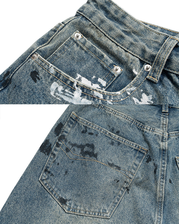 High Street New Graffiti Distressed Wide Denim Shorts