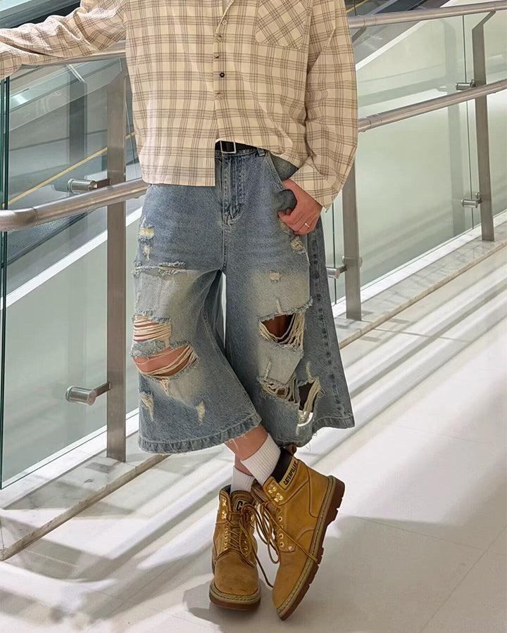 KIIKIO Vintage Light-Wash Distressed Wide Denim Shorts
