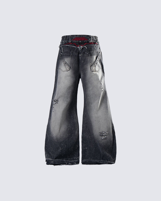New Dark Washed Red Embroidery Flared Denim Jeans