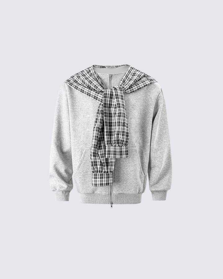 Plaid-Lined Dual-Wear Zip Hoodie