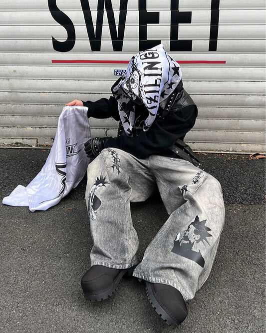 Niche Dirty Wash 3D Print Curved Jeans