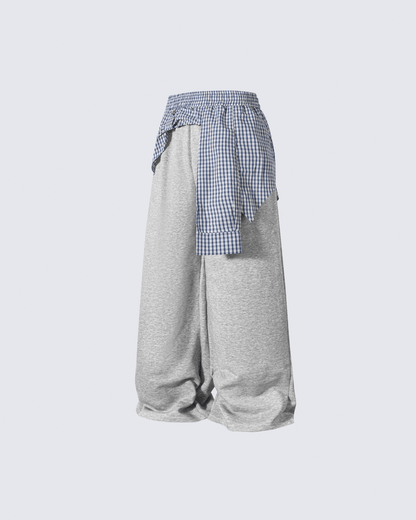 Plaid Shirt-Waist Wide-Leg Sweatpants