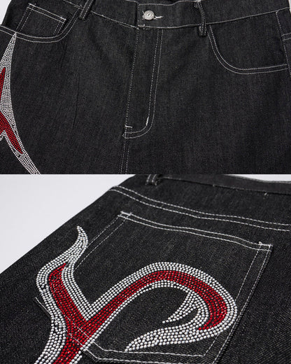New Rhinestone Flame Denim Jeans