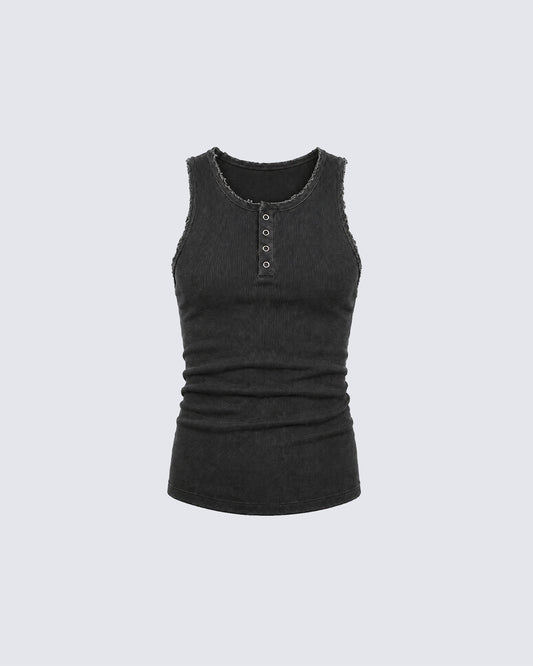 KIIKIO Vintage Washed Henley Neck Slim Fit Ribbed Tank Top