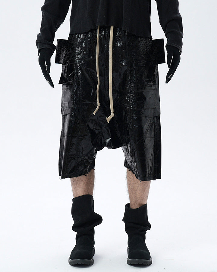New Glossy Coated Gothic Cargo Denim Shorts