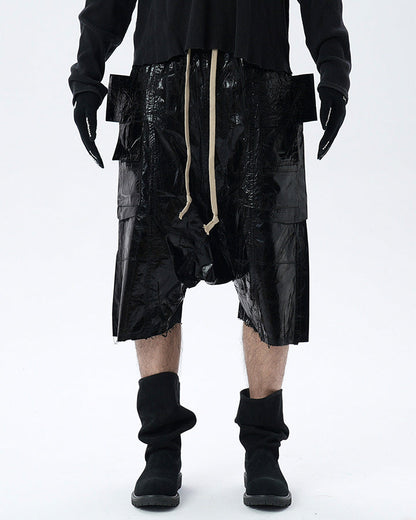New Glossy Coated Gothic Cargo Denim Shorts