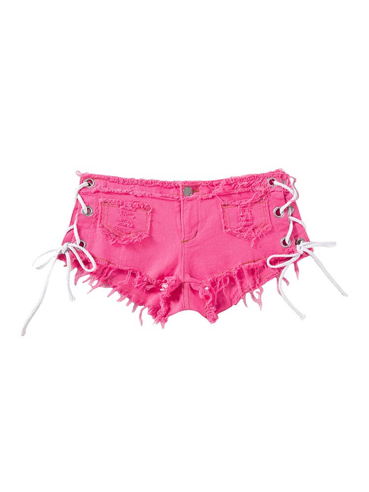 Sexy Side-Slit Tie-Up Low-Rise Frayed Hem Shorts