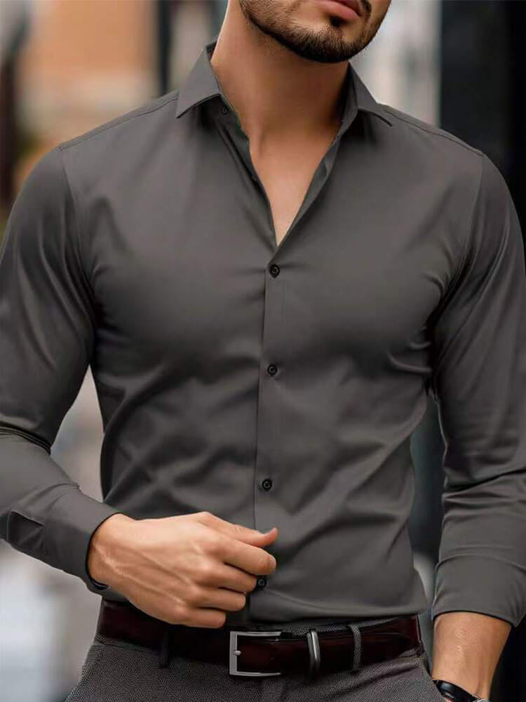 Men's Solid Color Long-Sleeved Casual Suit Shirt