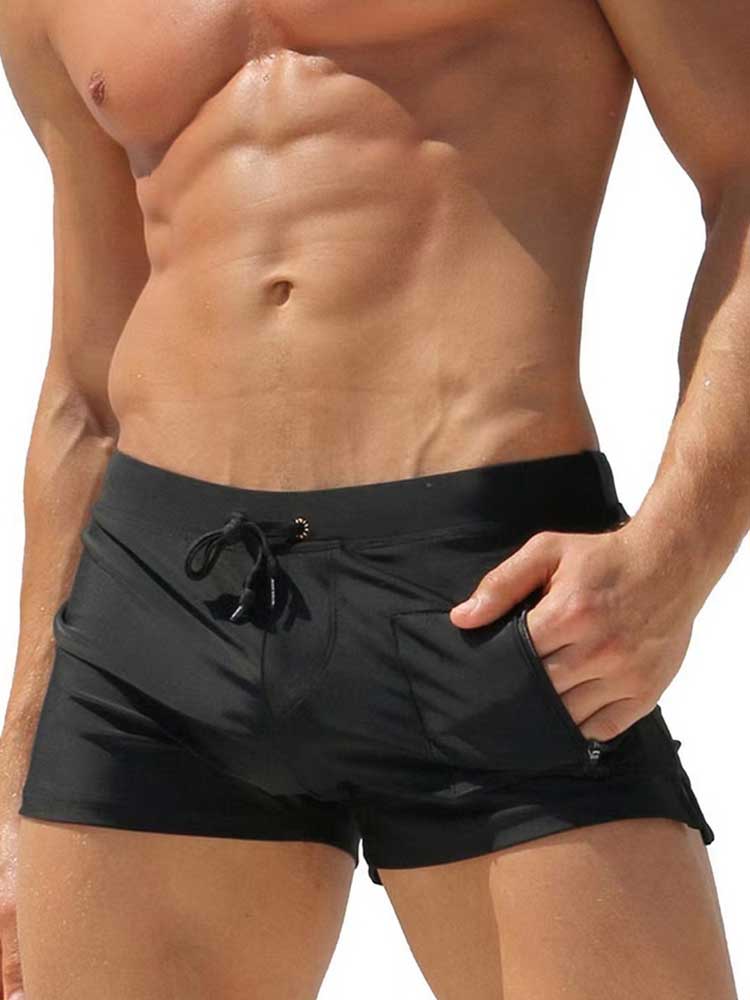 Men's Zipper Pocket Drawstring Solid Swim Trunks