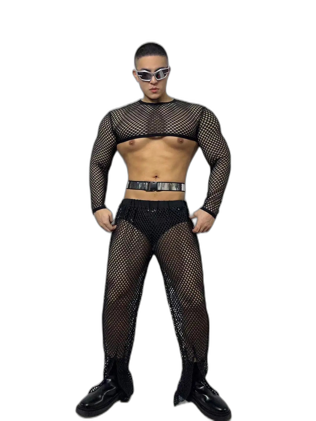 Fluorescent Fishnet See-Through Bodysuit Set