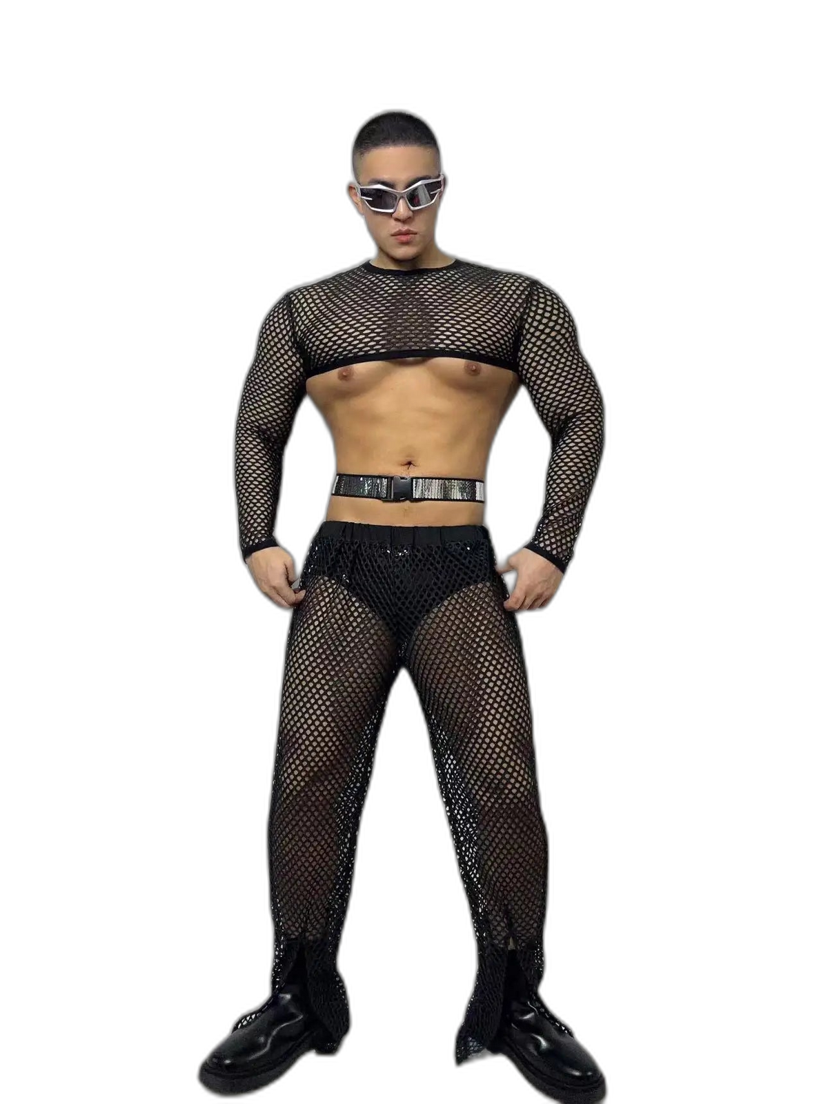 Fluorescent Fishnet See-Through Bodysuit Set