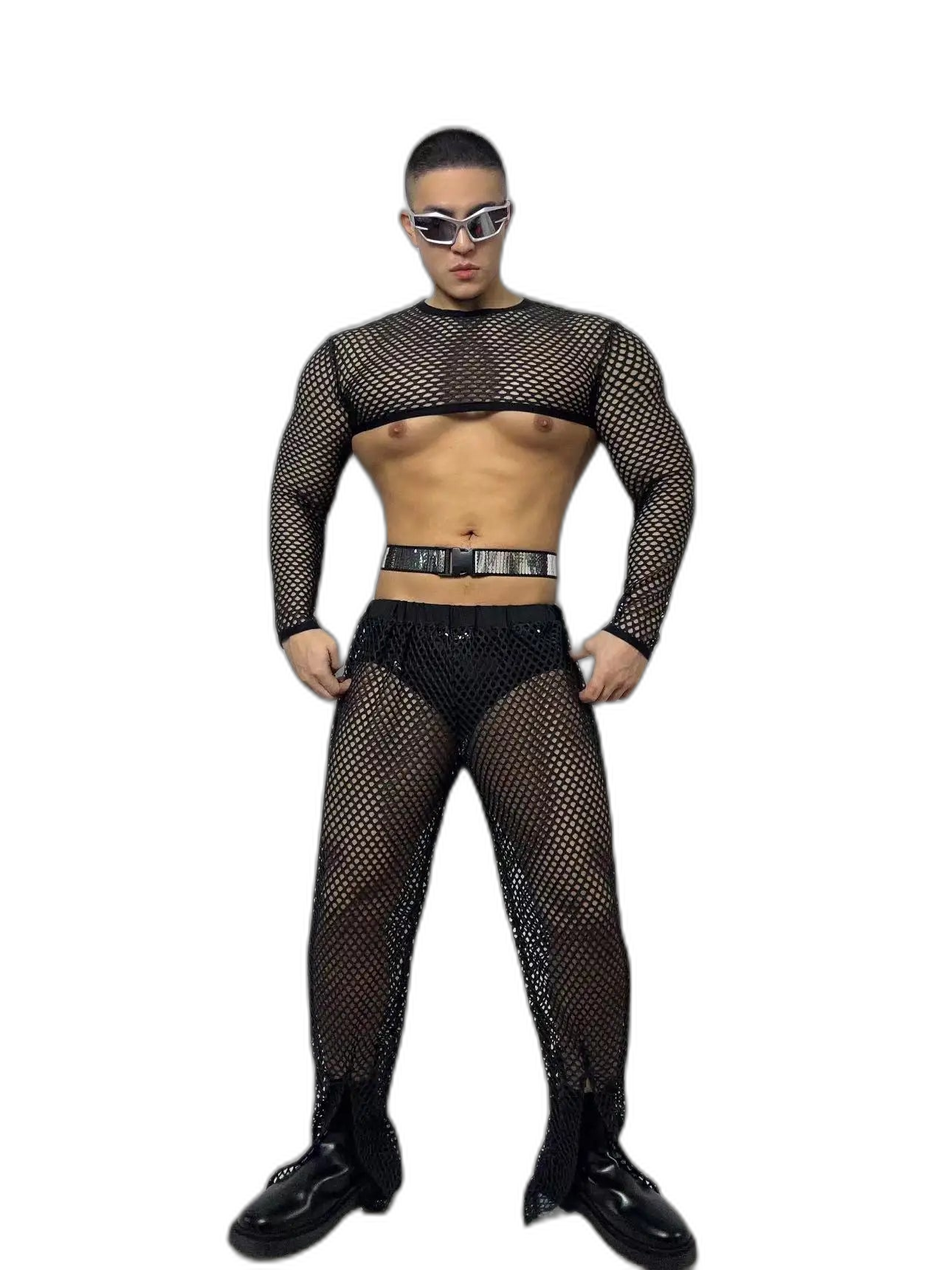 Fluorescent Fishnet See-Through Bodysuit Set