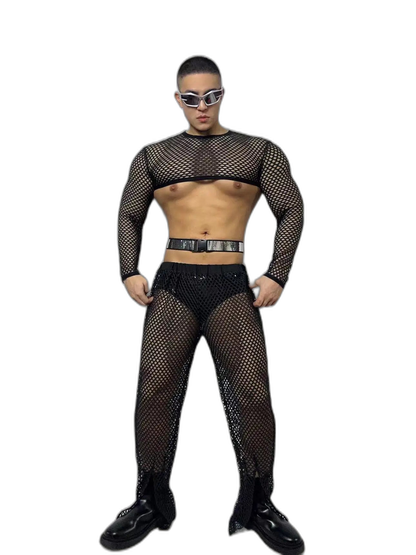 Fluorescent Fishnet See-Through Bodysuit Set