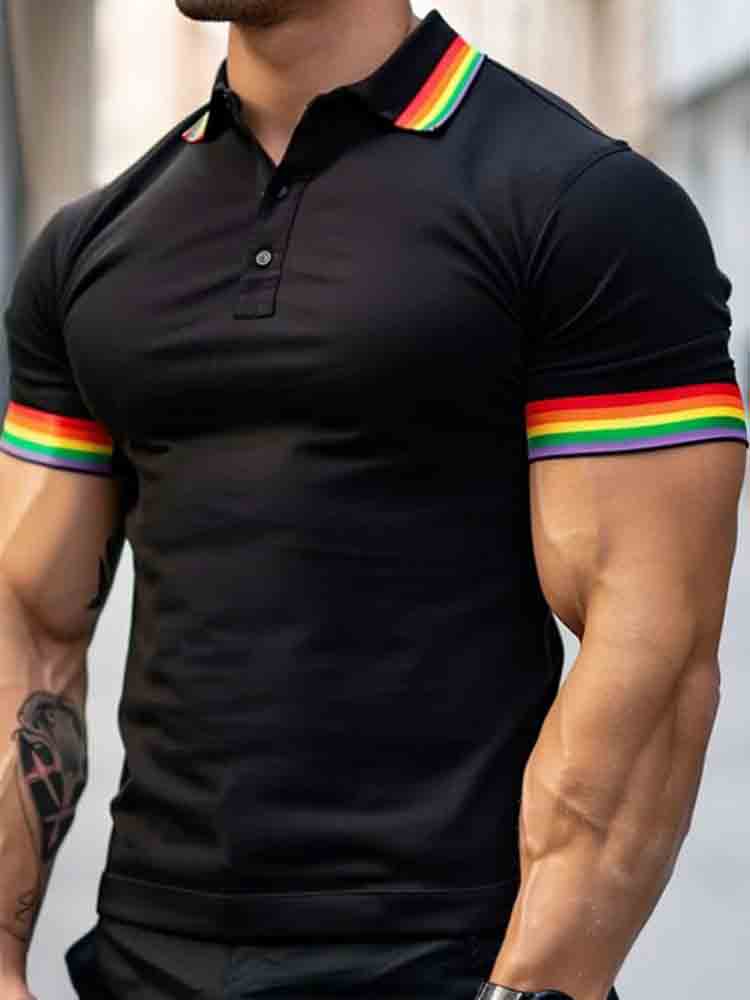 Men's Rainbow Striped Slim Fit Polo Shirt