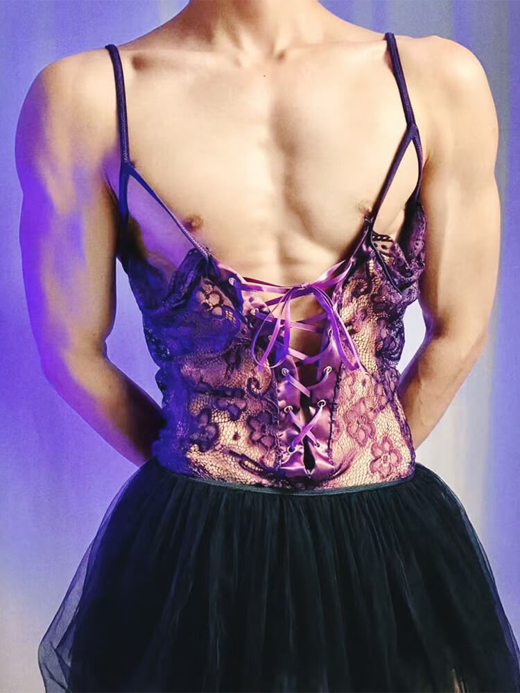 Men's Sexy Purple See-Through Lace-Up Bodysuit Set
