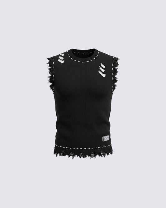 Distressed Trim Hollow Out Knit Tank Top