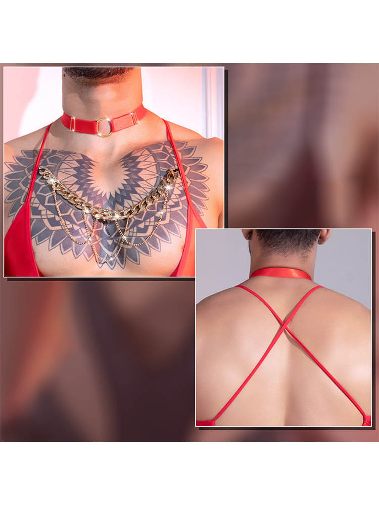 Men's Sexy Solid Hollow Halter-Neck Bodysuit
