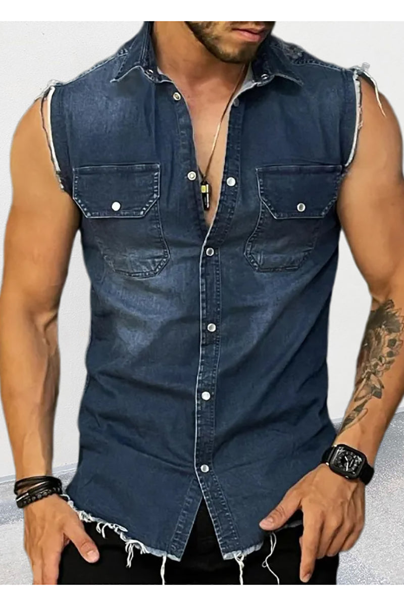 Men's Casual Denim Lapel Sleeveless Tank Top