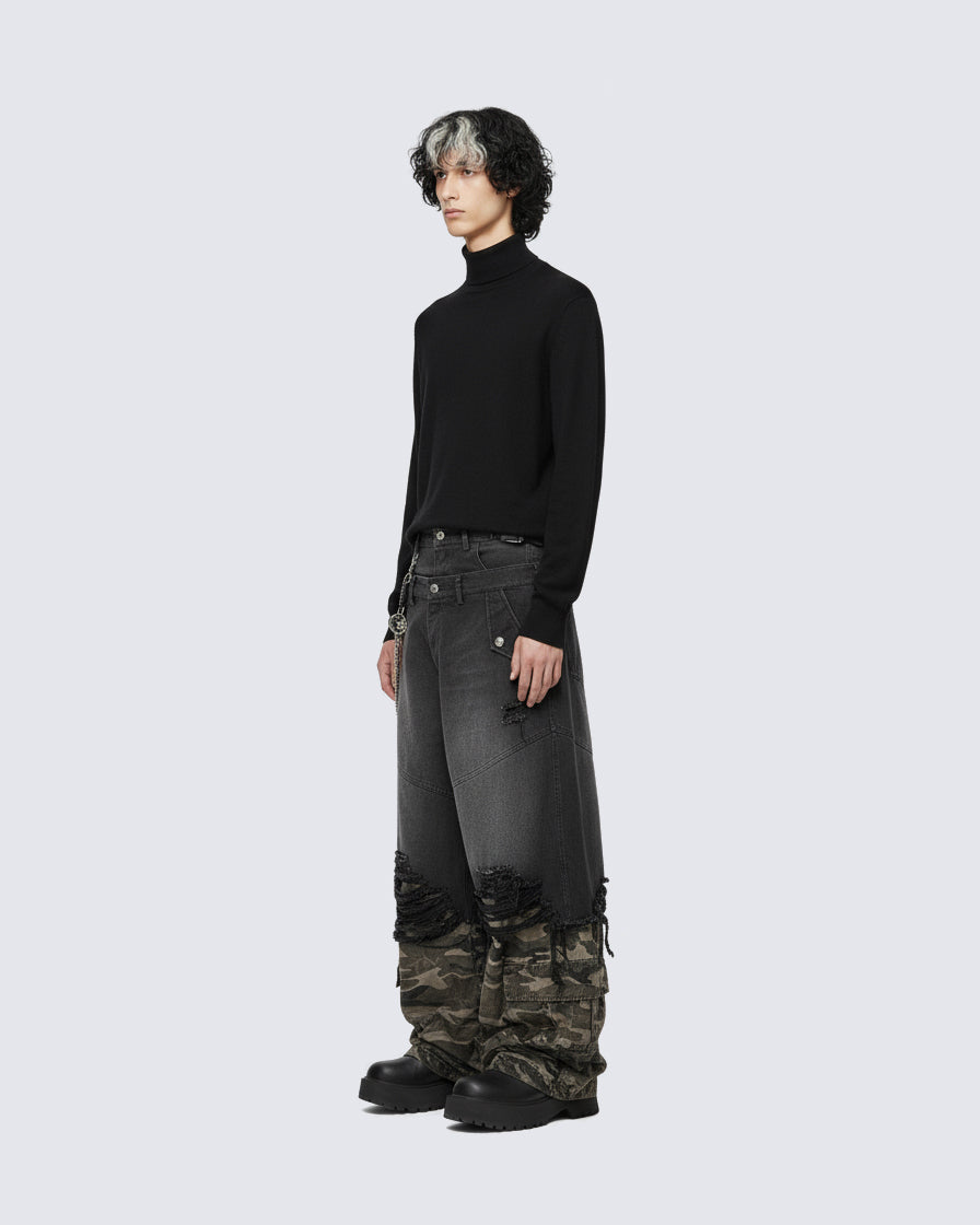 Double-Waist Camo Patchwork Distressed Wide-Leg Pants