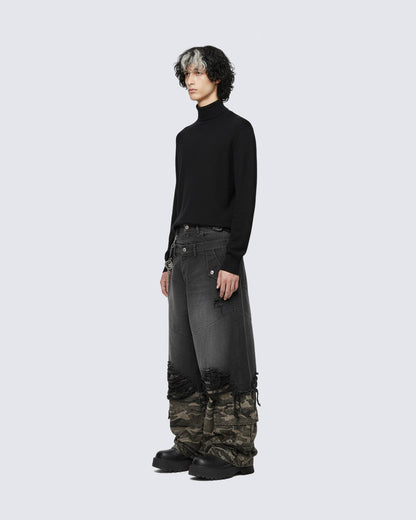 Double-Waist Camo Patchwork Distressed Wide-Leg Pants