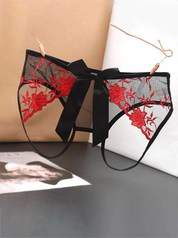 Men's Open Crotch Embroidered Bow Lace Briefs