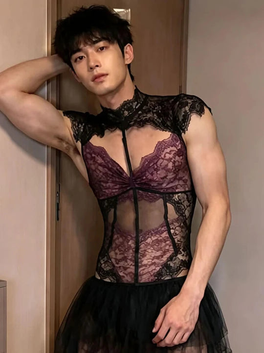 Men's Sexy Purple Sheer Lace Cut-Out Bodysuit