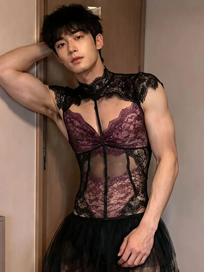 Men's Sexy Purple Sheer Lace Cut-Out Bodysuit