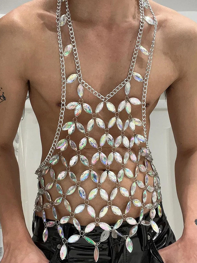 Metal Halter Hollow Out Multilayer Body Chain Silver Tank Top