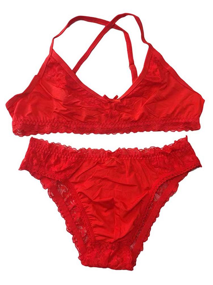Men's Sexy Solid-Color Lace Trim Bra Briefs Set