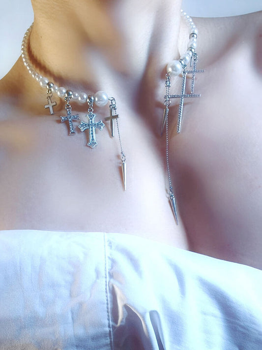 Stylish Pearl Cross Tassel Choker
