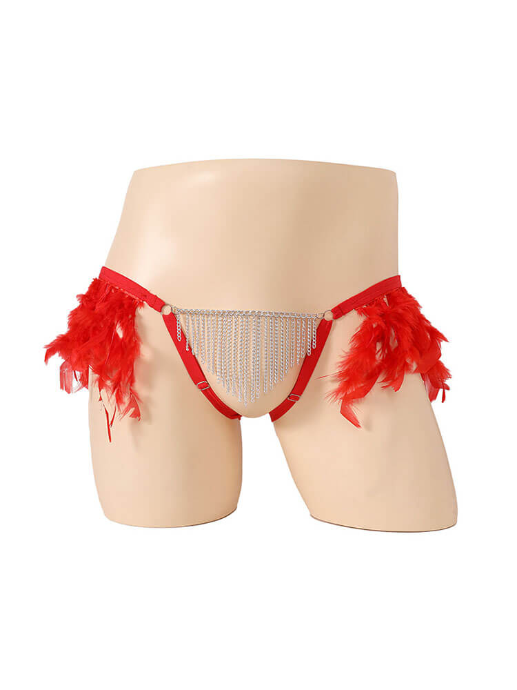 Men's Sexy Solid-Color Plush Trim Chain Thong