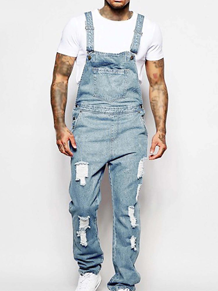 Men's Denim Overall Jumpsuit Distressed Ripped Jeans Pants